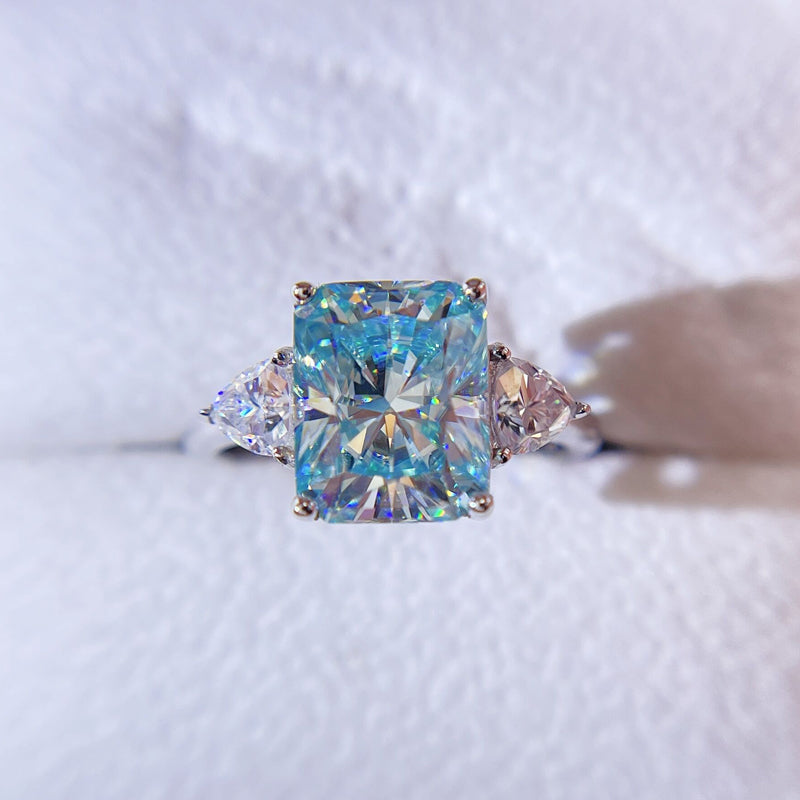 Кольцо из белого золота с тремя камнями сияющей огранки Tiffany Blue Moissanite для женщин