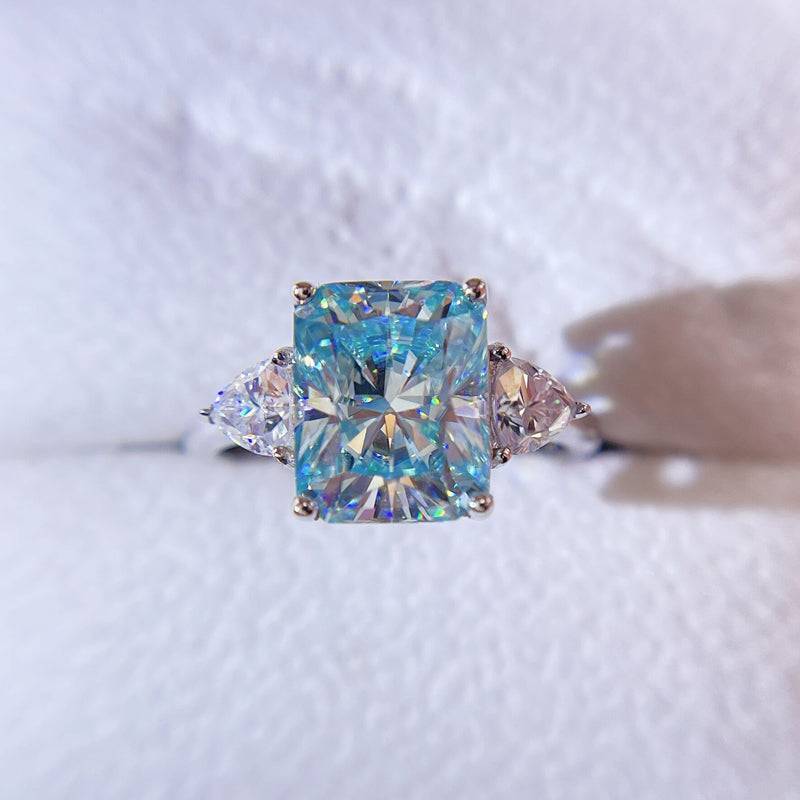 White Gold Three Stone Design Radiant Cut Tiffany Blue Moissanite Ring For Women