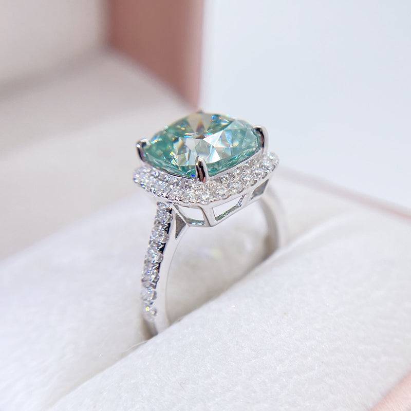 White Gold Halo Diamond Style Tiffany Blue Moissanite Diamond Ring With Tiffany Blue Stone