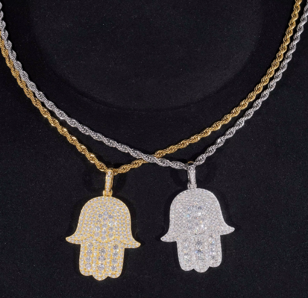 VVS Moissanite Diamond Fully Iced Out Micro Pave Setting Hamsa Pendant 925 Silver