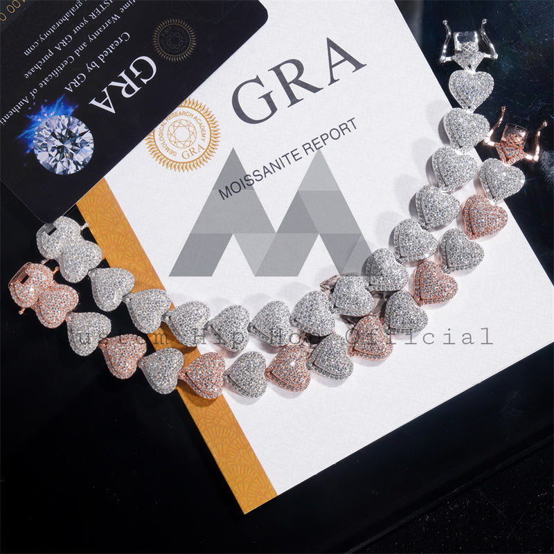 13MM width solid silver men's moissanite diamond bracelet in heart link style3