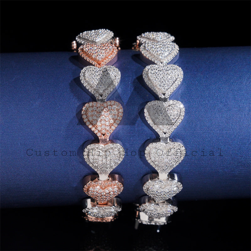 13MM width solid silver men's moissanite diamond bracelet in heart link style5