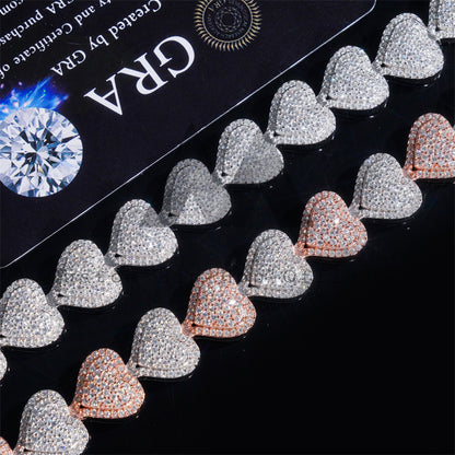 13MM width solid silver men's moissanite diamond bracelet in heart link style2