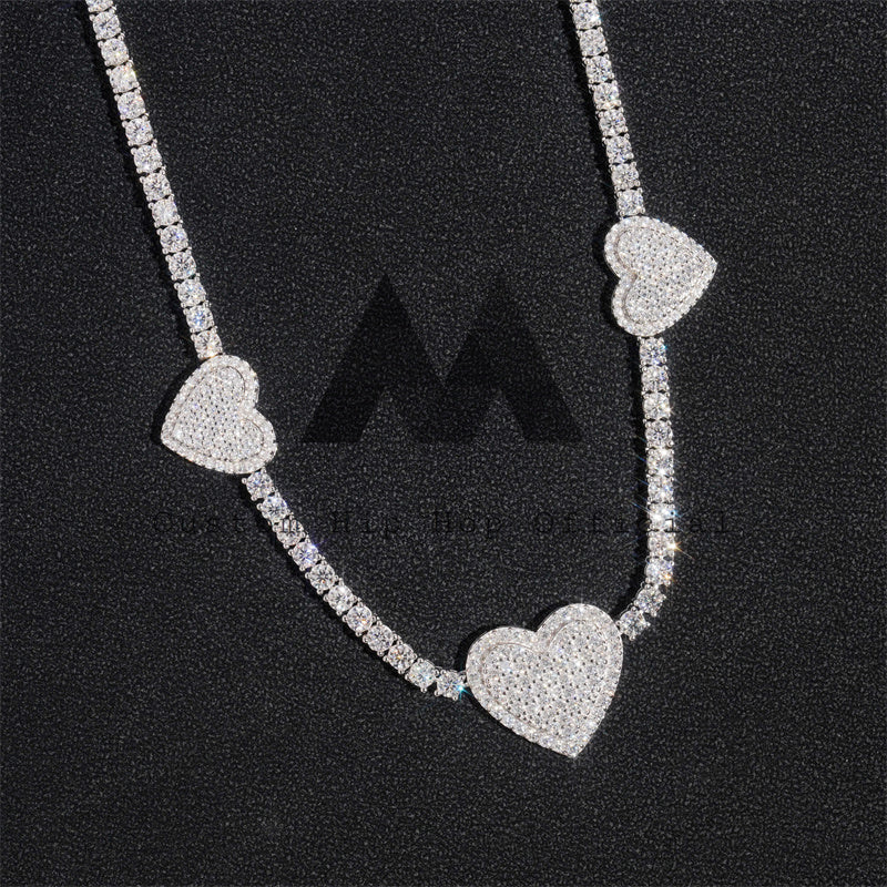Three Heart Charm 3MM Tennis Chain Necklace Solid Silver With VVS Moissanite Diamond