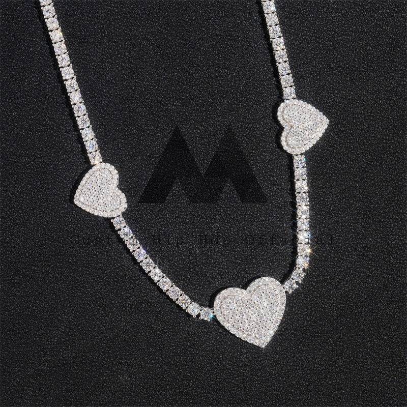 Hip hop jewelry featuring Three Heart Charm 3MM Tennis Chain Necklace in Solid Silver with VVS Moissanite Diamonds3