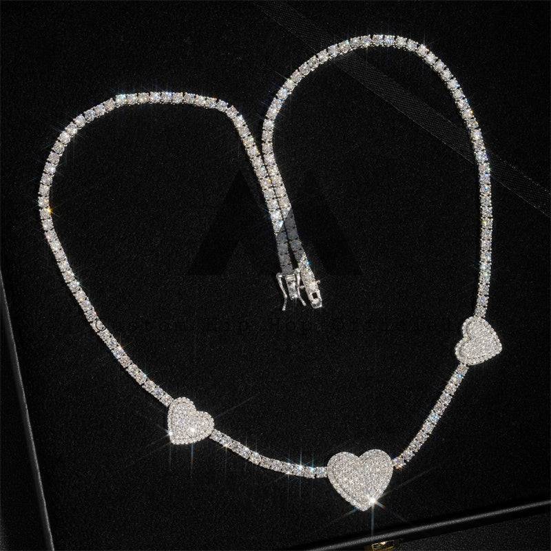 Hip hop jewelry featuring Three Heart Charm 3MM Tennis Chain Necklace in Solid Silver with VVS Moissanite Diamonds4