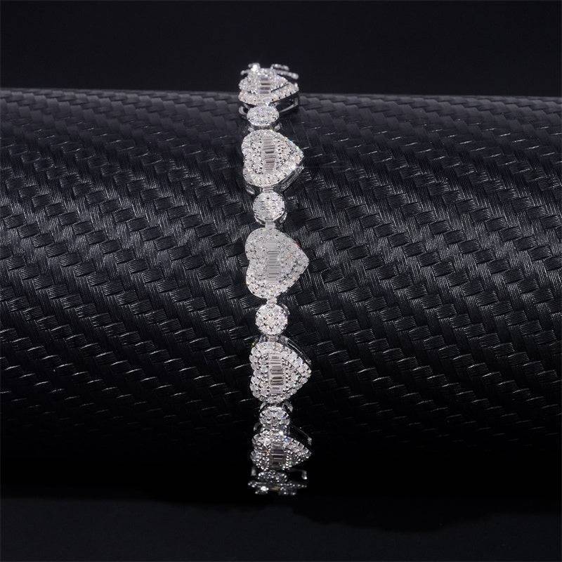 8MM Stylish Baguette Cut Moissanite Diamond Heart Shaped Tennis Chain Bracelet