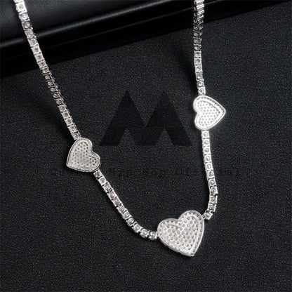 Three Heart Charm 3MM Tennis Chain Necklace Solid Silver With VVS Moissanite Diamond