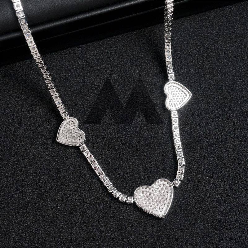 Hip hop jewelry featuring Three Heart Charm 3MM Tennis Chain Necklace in Solid Silver with VVS Moissanite Diamonds0