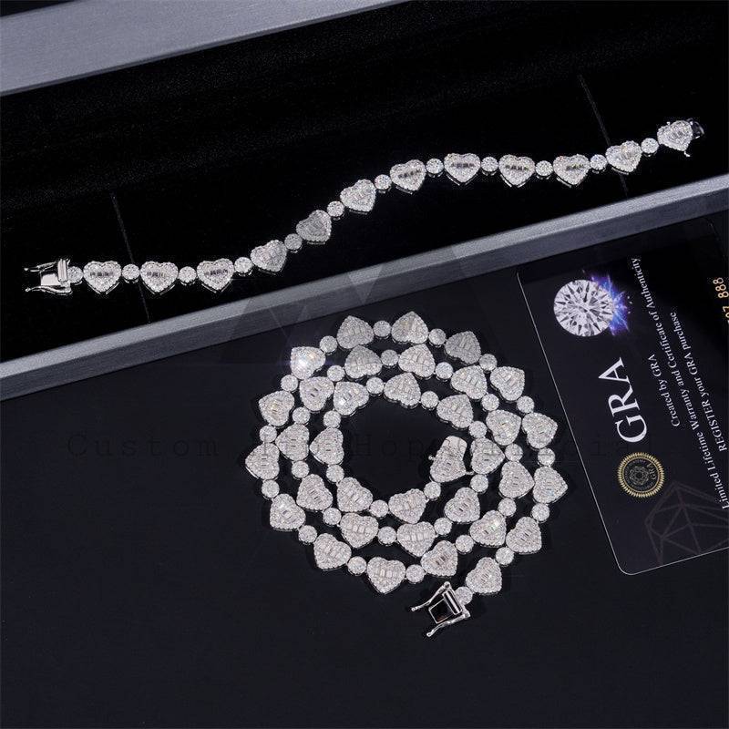 8MM Stylish Baguette Cut Moissanite Diamond Heart Shaped Tennis Chain Bracelet