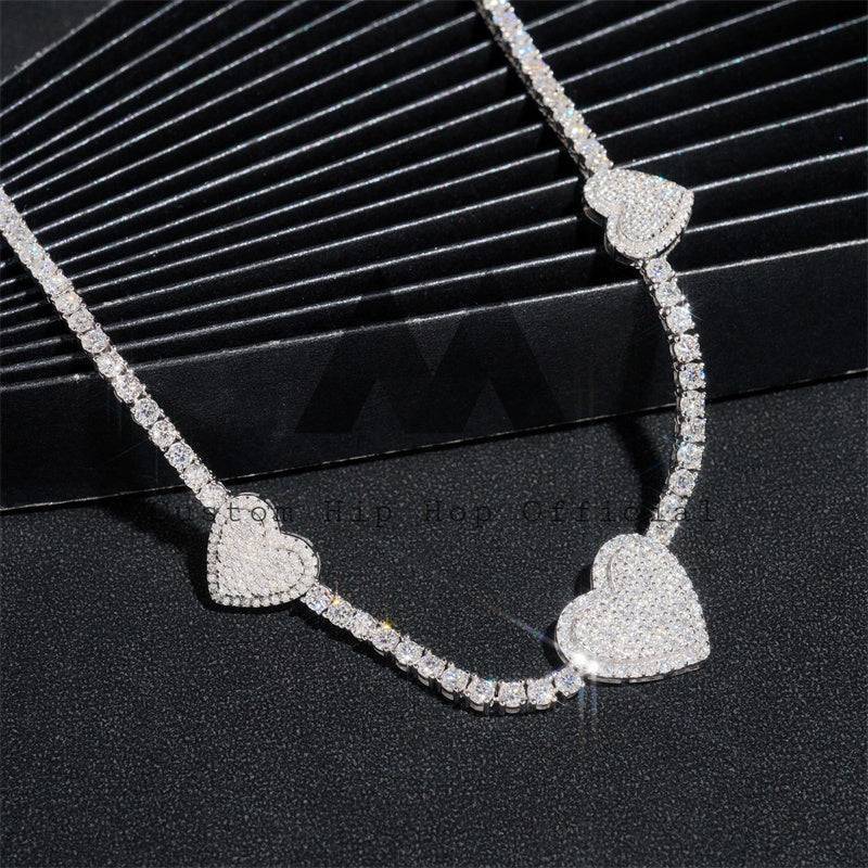 Hip hop jewelry featuring Three Heart Charm 3MM Tennis Chain Necklace in Solid Silver with VVS Moissanite Diamonds2