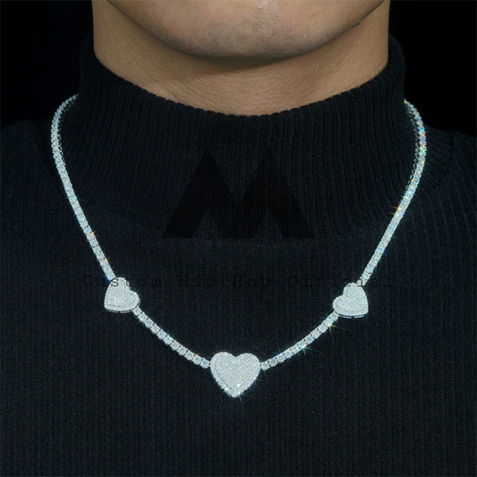 Colar de corrente de tênis com pingente de três corações 3mm prata sólida com diamante VVS Moissanite