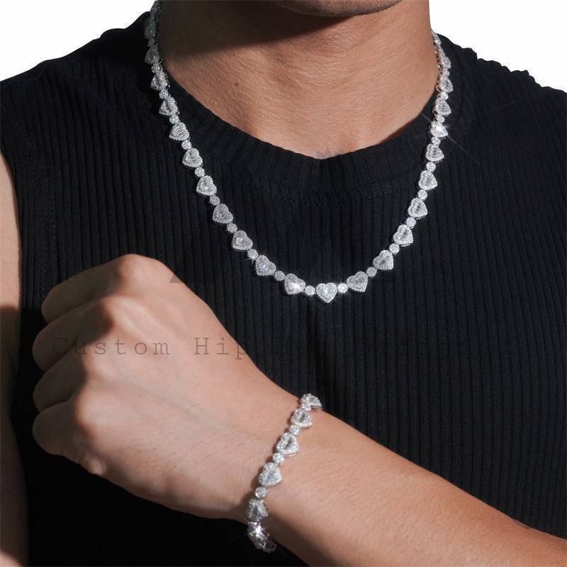 8MM Stylish Baguette Cut Moissanite Diamond Heart Shaped Tennis Chain Bracelet