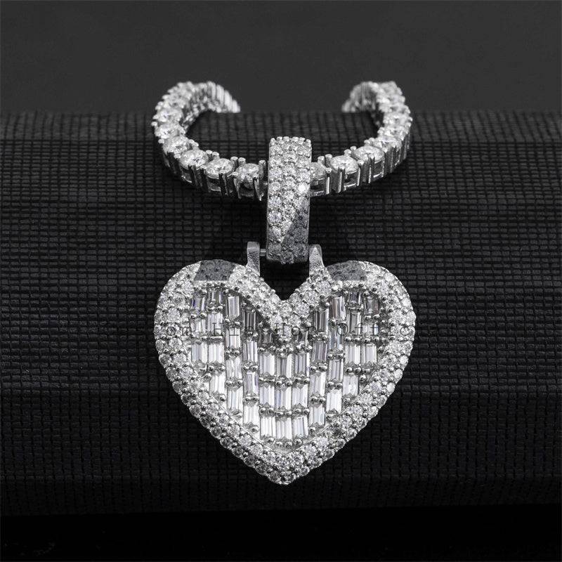 Hip hop jewelry featuring Baguette Diamond Heart Pendant perfect for Valentine's Day gift and suitable for 3MM Tennis Chain0