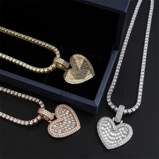Valentines Day Gift Baguette Diamond Heart Pendant Fit For 3MM Tennis Chain