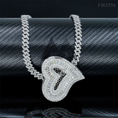 Iced Out Silver 925 White Gold Baguette Heart Moissanite Pendant Fit For 6MM Cuban Link Chain