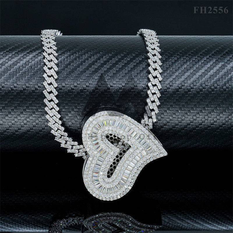 Iced Out Silver 925 White Gold Baguette Heart Moissanite Pendant Hip Hop Jewelry for 6MM Cuban Link Chain2