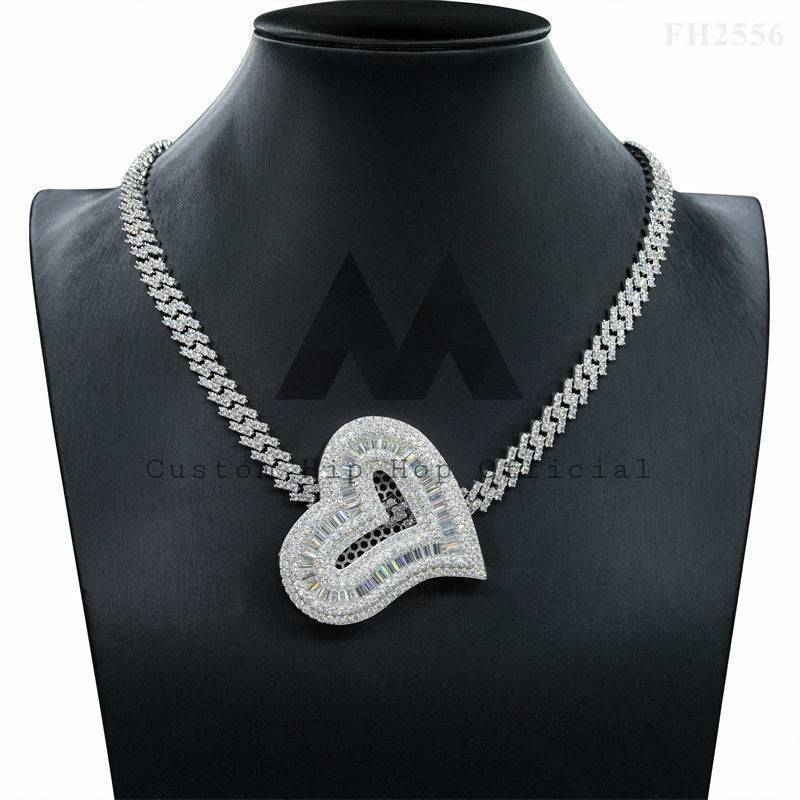 Iced Out Silver 925 White Gold Baguette Heart Moissanite Pendant Hip Hop Jewelry for 6MM Cuban Link Chain5