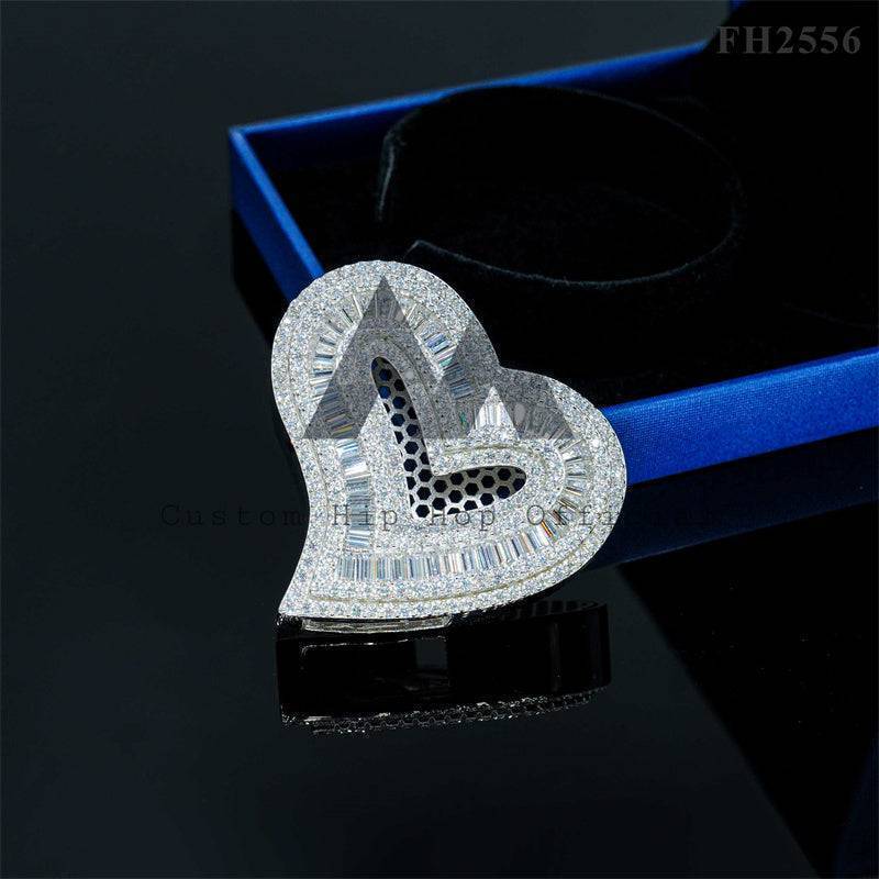 Iced Out Silver 925 White Gold Baguette Heart Moissanite Pendant Hip Hop Jewelry for 6MM Cuban Link Chain3