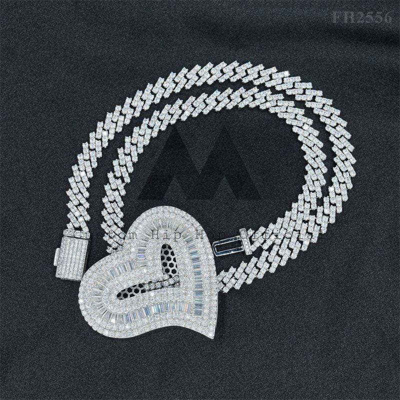 Iced Out Silver 925 White Gold Baguette Heart Moissanite Pendant Hip Hop Jewelry for 6MM Cuban Link Chain0