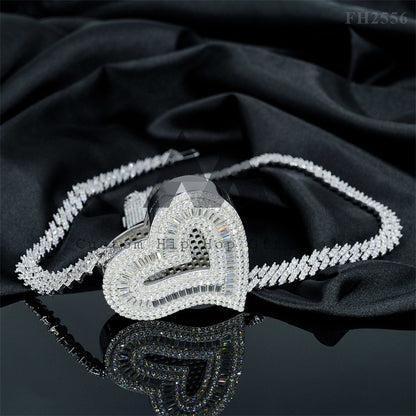 Iced Out Silver 925 White Gold Baguette Heart Moissanite Pendant Fit For 6MM Cuban Link Chain