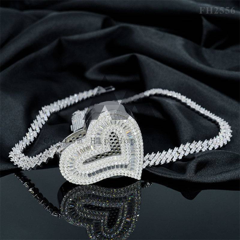 Iced Out Silver 925 White Gold Baguette Heart Moissanite Pendant Hip Hop Jewelry for 6MM Cuban Link Chain1