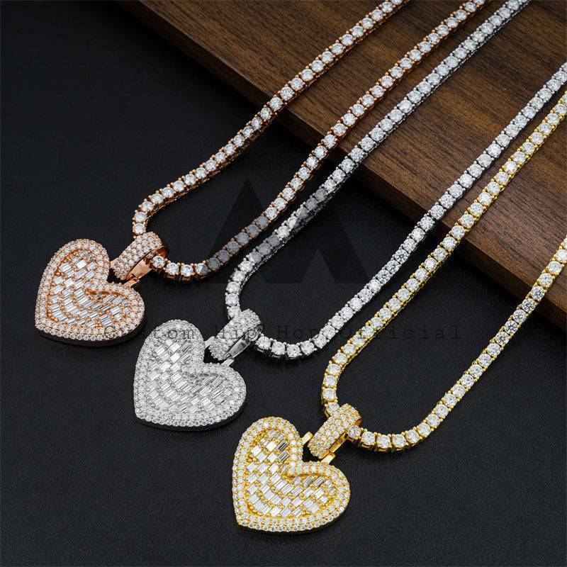 Hip hop jewelry featuring Baguette Diamond Heart Pendant perfect for Valentine's Day gift and suitable for 3MM Tennis Chain2