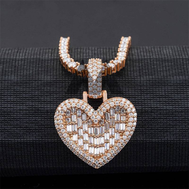 Hip hop jewelry featuring Baguette Diamond Heart Pendant perfect for Valentine's Day gift and suitable for 3MM Tennis Chain3