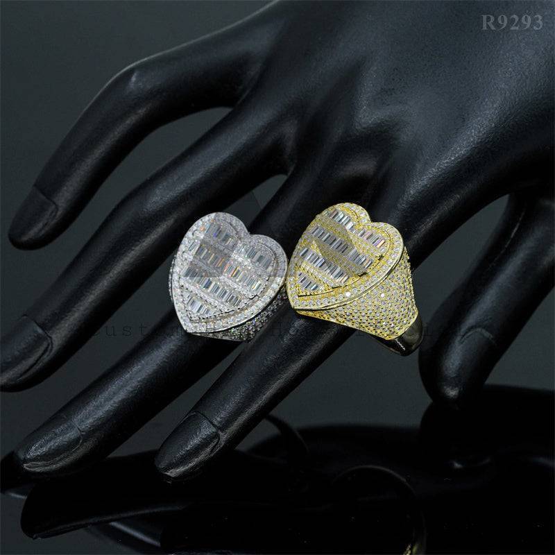 Iced Out 925 Silver VVS Moissanite Baguette Heart Ring hip hop jewelry passing diamond tester0