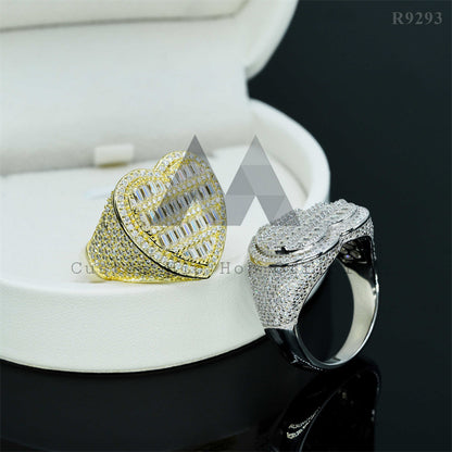 Iced Out 925 Silver VVS Moissaniet Baguette Heart Ring Pass Diamond Tester