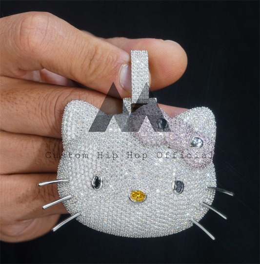 Iced Out Custom Made Hello Kitty Pingente de diamante de moissanite de 3" de largura para homens e mulheres