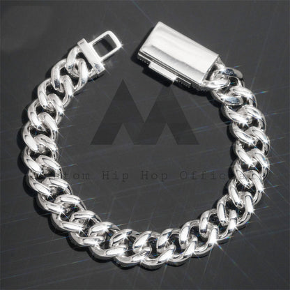 Solid Silver Moissanite 15MM Round Link Two Rows Cuban Link Bracelet Miami Style