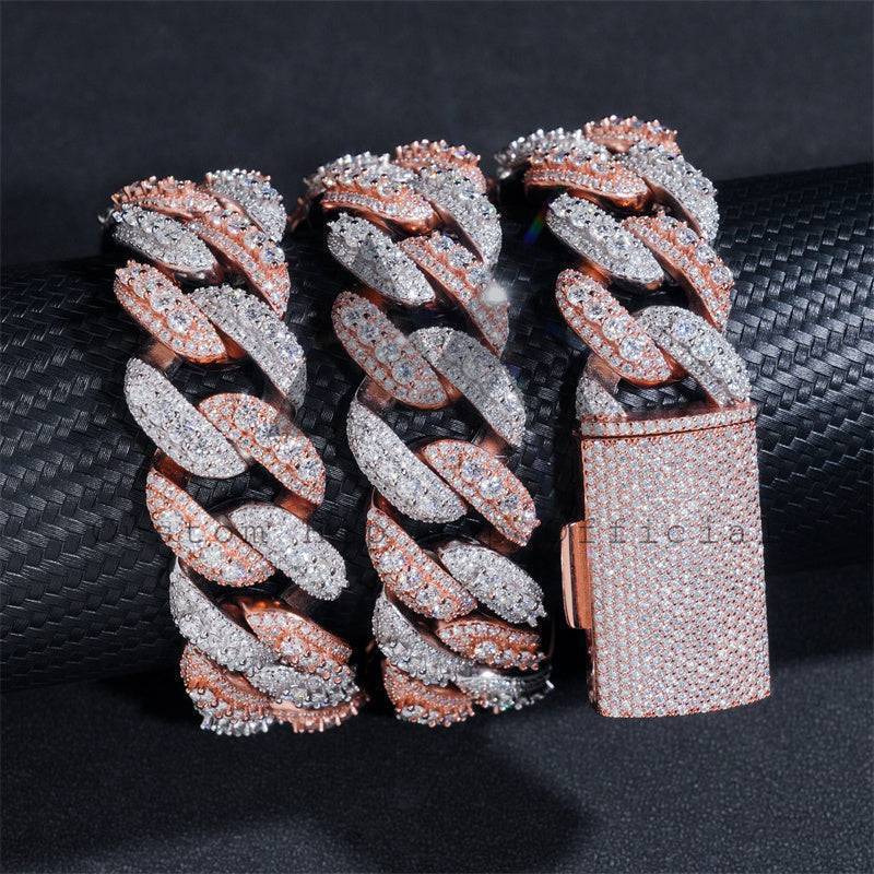 Rose Gold Two Tone Hip Hop Men Jewelry 20MM Three Rows Link Cuban Chain With Moissanite Diamond