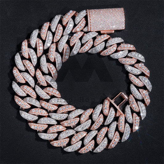 Rose Gold Two Tone Hip Hop Men Jewelry 20MM Three Rows Link Cuban Chain With Moissanite Diamond
