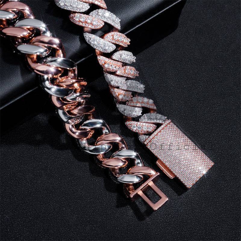 Rose Gold Two Tone Hip Hop Men Jewelry 20MM Three Rows Link Cuban Chain With Moissanite Diamond