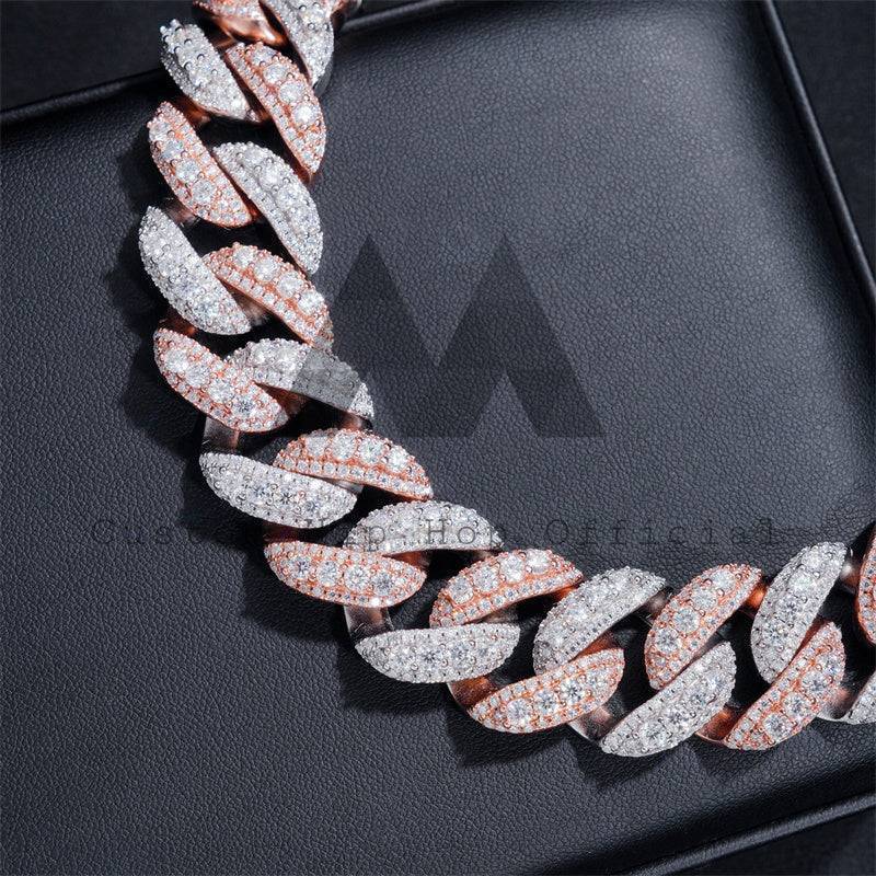 Rose Gold Two Tone Hip Hop Men Jewelry 20MM Three Rows Link Cuban Chain With Moissanite Diamond