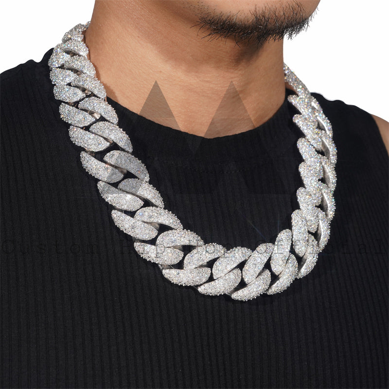 25MM Solid Silver Iced Out VVS Moissanite Cuban Link Chain Rapper Jewelry Mosaic Setting