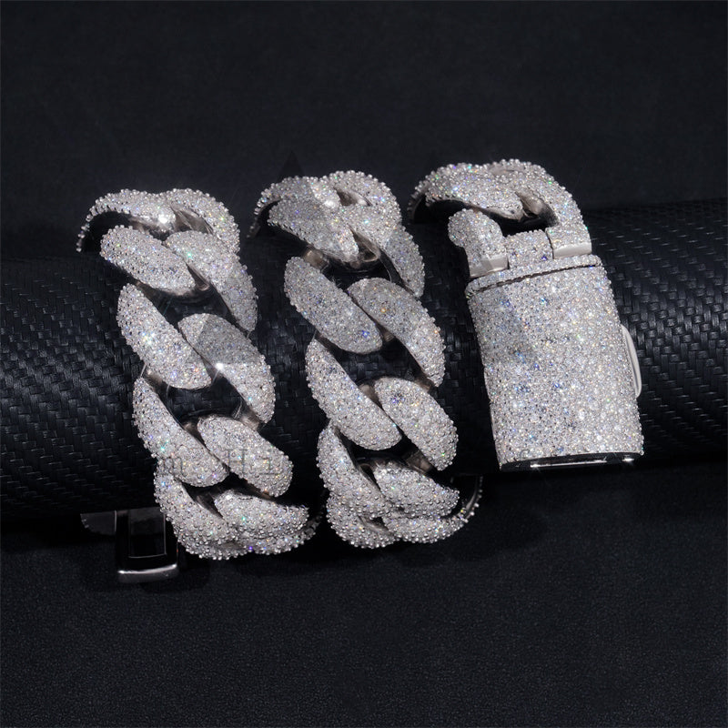 25MM Solid Silver Iced Out VVS Moissanite Cuban Link Chain Rapper Jewelry Mosaic Setting