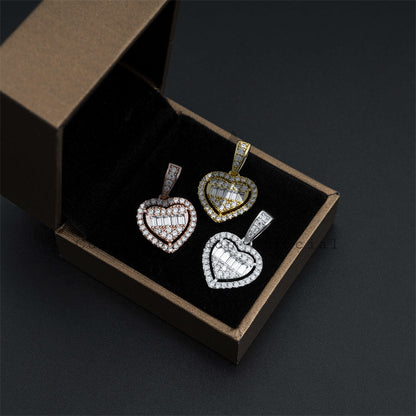 Small Size Baguette Mix Round Design Moissanite Heart Pendant Fit For 3MM Tennis Chain