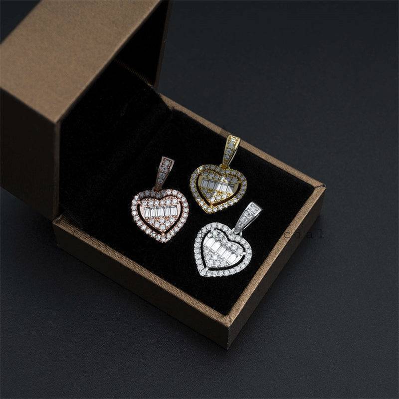 Hip hop jewelry with small size baguette mix round design moissanite heart pendant fit for 3mm tennis chain0