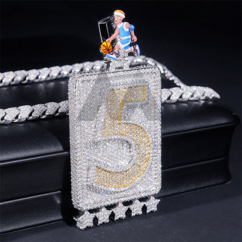 Iced Out Moissanite 3" Tall Fully Iced Number 5 Custom Rectangle Pendant With Emoji Bail