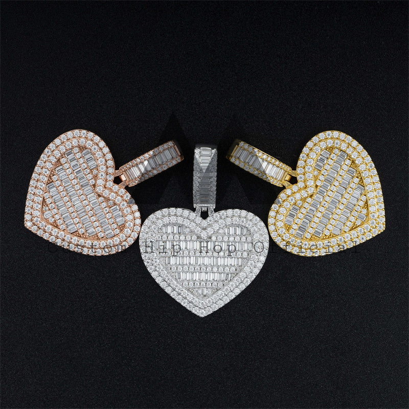 Серебро 925, мужская мода, багет со льдом, муассанит, подходит для 4 мм, теннисная цепочка, кулон в форме сердца