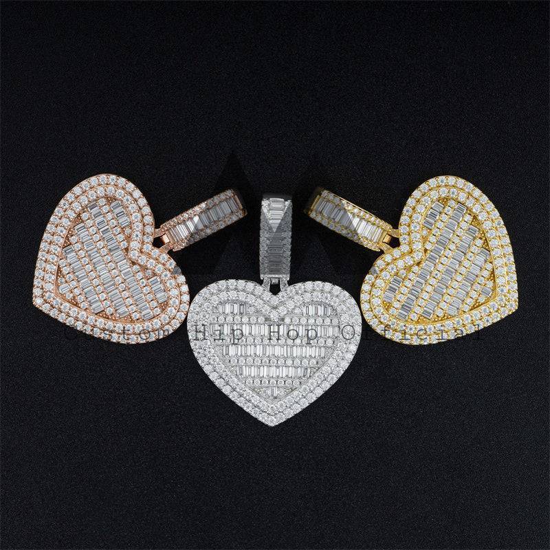 Silver 925 Men's Hip Hop Jewelry Fashion Iced Out Baguette Moissanite Heart Pendant Fit For 4MM Tennis Chain0