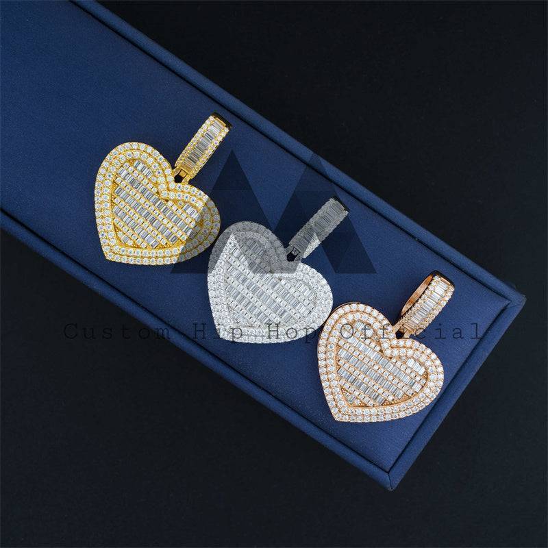 Silver 925 Men's Hip Hop Jewelry Fashion Iced Out Baguette Moissanite Heart Pendant Fit For 4MM Tennis Chain3