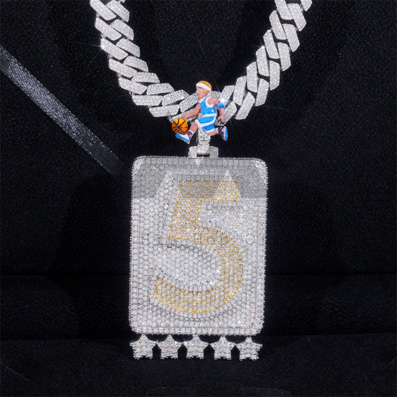 Iced Out Moissanite 3" Tall Fully Iced Number 5 Custom Rectangle Pendant With Emoji Bail