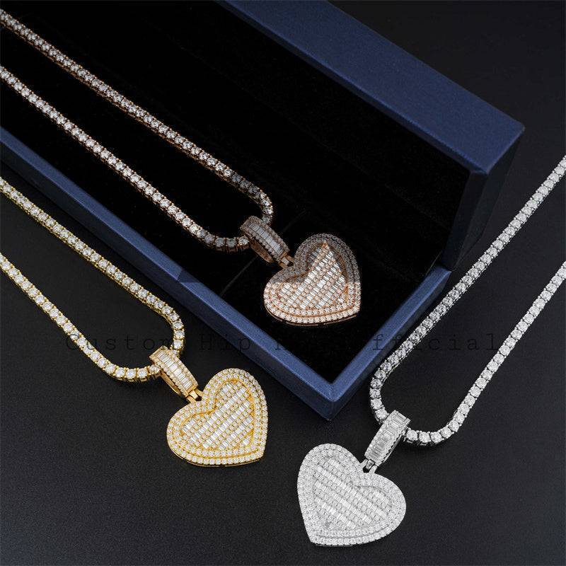 Silver 925 Men's Hip Hop Jewelry Fashion Iced Out Baguette Moissanite Heart Pendant Fit For 4MM Tennis Chain1