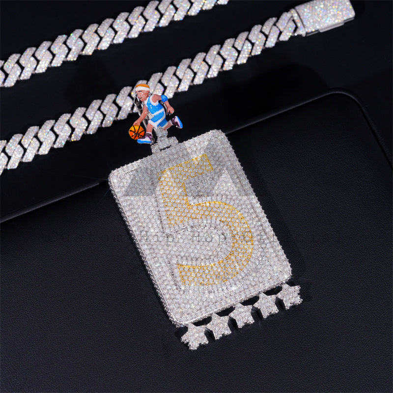 Iced Out Moissanite 3" Tall Fully Iced Number 5 Custom Rectangle Pendant With Emoji Bail