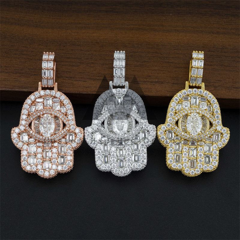 Fully Iced Moissanite Diamond Hip Hop Pendant Hamsa With 4MM Tennis Chain jewelry3