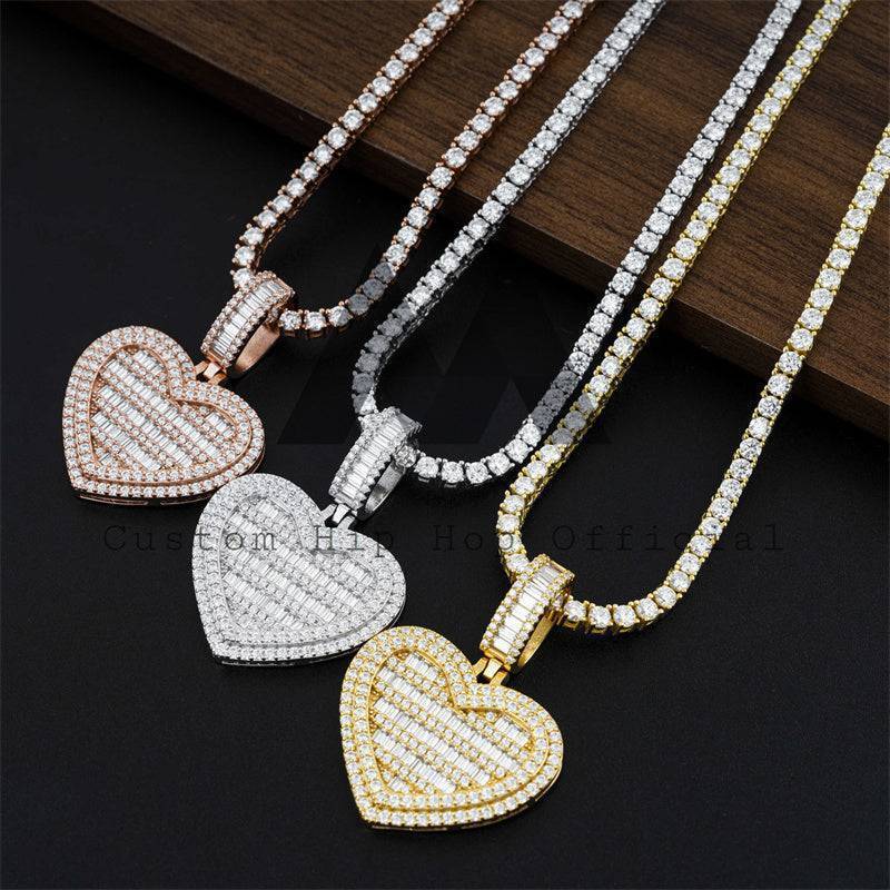 Silver 925 Men's Hip Hop Jewelry Fashion Iced Out Baguette Moissanite Heart Pendant Fit For 4MM Tennis Chain2