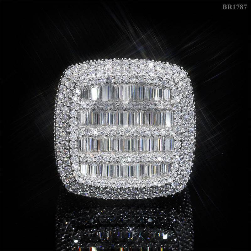 Sterling Silver 925 Men Baguette Cut Square Iced Out Men Ring VVS Moissanite Diamond